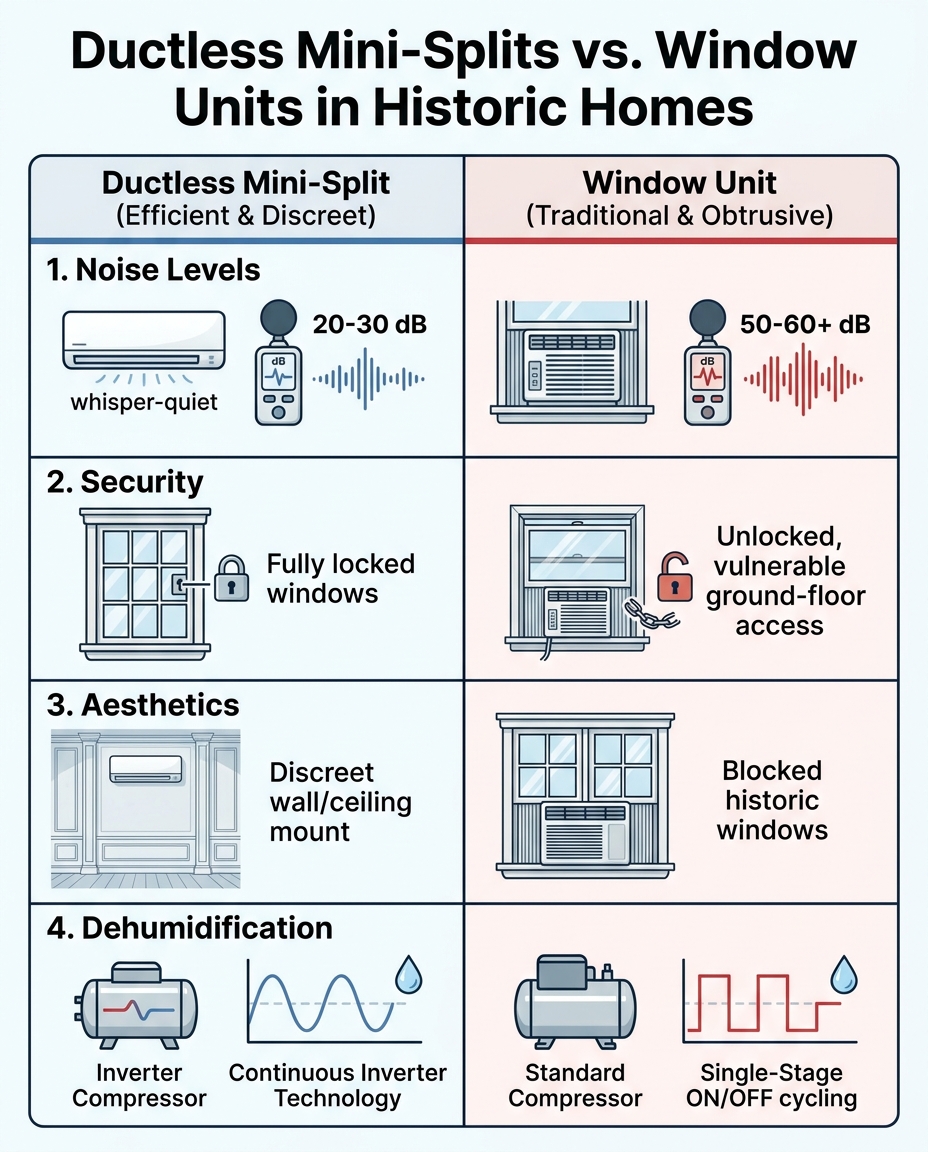 Ductless Mini-Splits vs. Window Units in Historic Homes