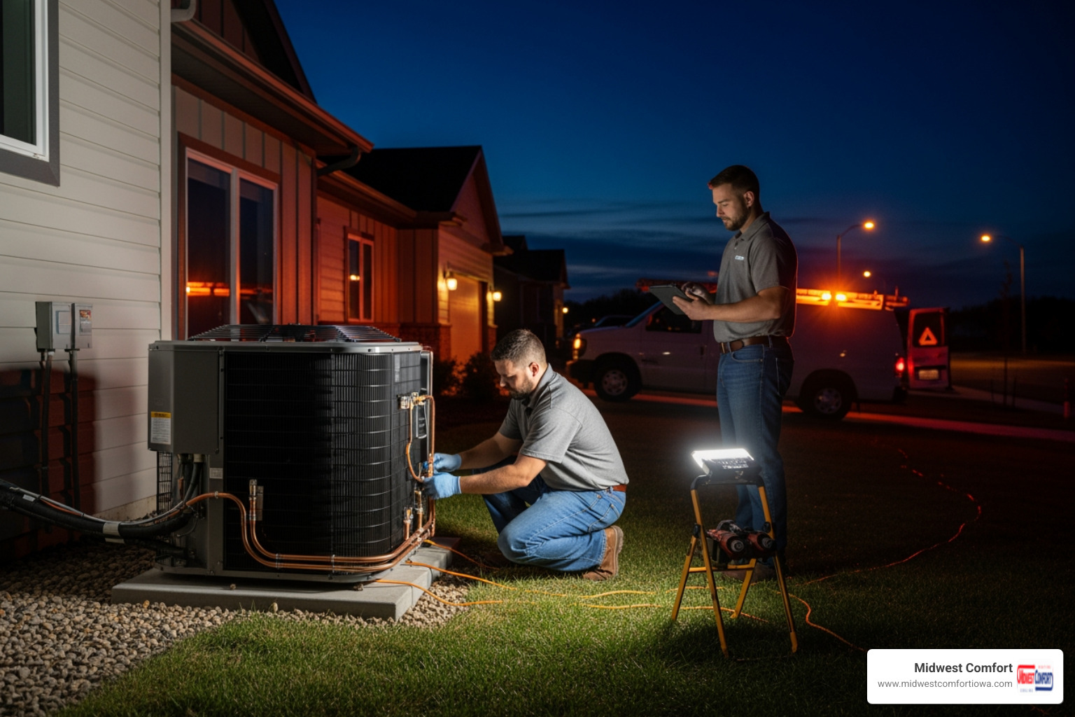 infographic showing warning signs requiring immediate AC replacement including complete system failure, warm air from vents, frequent breakdowns, strange noises, refrigerant leaks, system age over 10-15 years, and rising energy bills - 24 hour ac installation in altoona, ia
