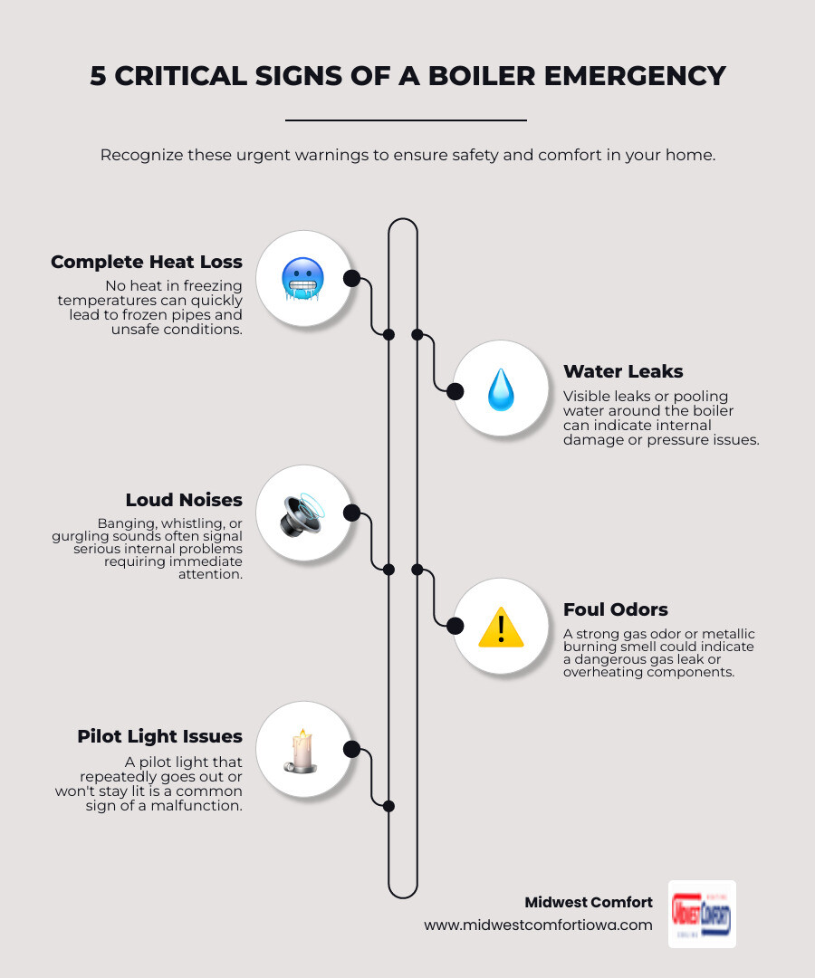 Infographic showing the 5 critical signs of a boiler emergency: 1. Complete loss of heat in freezing temperatures, 2. Water leaks or pooling around the boiler, 3. Loud banging, whistling, or gurgling sounds, 4. Strong gas odor or metallic burning smell, 5. Pilot light that repeatedly goes out or will not stay lit - 24 hour boiler repair in des moines, ia infographic infographic-line-5-steps-elegant_beige