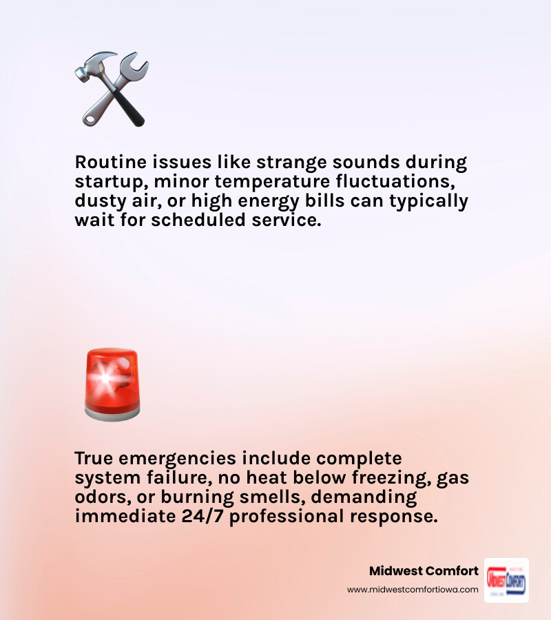 Infographic showing the difference between routine HVAC issues (strange sounds during startup, minor temperature fluctuations, dusty air, high energy bills) and true emergencies (complete system failure, no heat below freezing, no AC above 90 degrees, burning smell or smoke, gas odor, loud grinding or banging, water leaking near equipment, system short cycling repeatedly) - 24/7 hvac altoona infographic 2_facts_emoji_light-gradient Infographic showing the difference between routine HVAC issues (strange sounds during startup, minor temperature fluctuations, dusty air, high energy bills) and true emergencies (complete system failure, no heat below freezing, no AC above 90 degrees, burning smell or smoke, gas odor, loud grinding or banging, water leaking near equipment, system short cycling repeatedly) - 24/7 hvac altoona infographic 2_facts_emoji_light-gradient