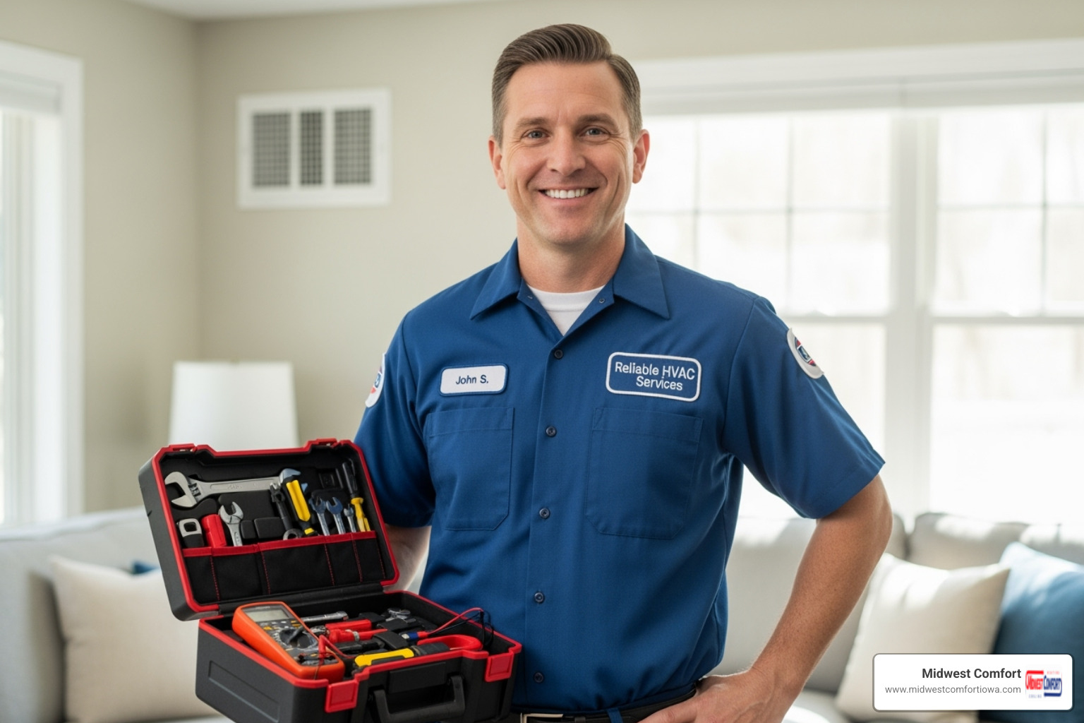 Friendly HVAC technician with toolkit - 24/7 hvac altoona Friendly HVAC technician with toolkit - 24/7 hvac altoona