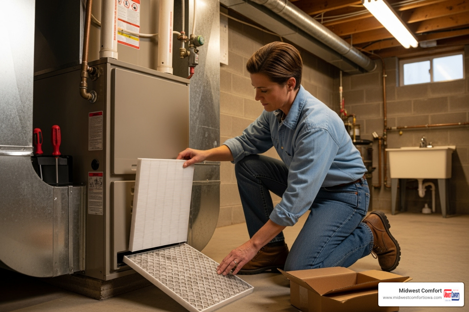 Homeowner changing a furnace air filter - ac & heating tune up windsor heights Homeowner changing a furnace air filter - ac & heating tune up windsor heights