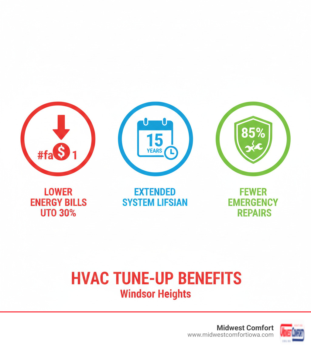 infographic showing three main benefits of hvac tune-ups: a dollar sign with down arrow representing lower energy bills up to 30 percent, a calendar showing extended system lifespan up to 15 years, and a shield icon showing 85 percent fewer emergency repairs - ac & heating tune up windsor heights infographic infographic showing three main benefits of hvac tune-ups: a dollar sign with down arrow representing lower energy bills up to 30 percent, a calendar showing extended system lifespan up to 15 years, and a shield icon showing 85 percent fewer emergency repairs - ac & heating tune up windsor heights infographic
