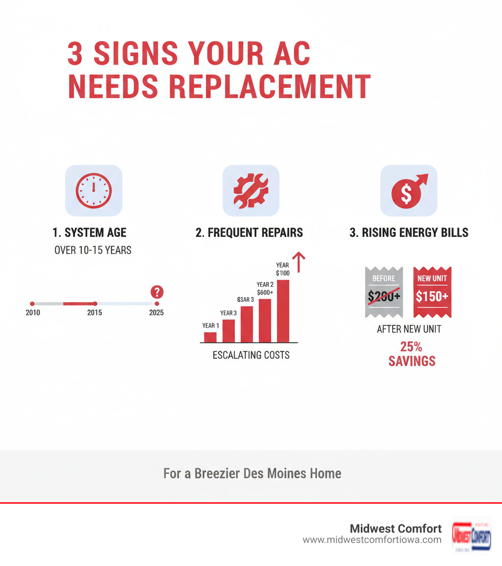 Infographic showing the top 3 signs an AC unit needs replacement: 1) System age over 10-15 years with timeline graphic, 2) Frequent repairs with repair frequency chart showing escalating costs, 3) Rising energy bills with before/after utility bill comparison demonstrating 25% potential savings with new efficient unit - ac installation des moines ia infographic Infographic showing the top 3 signs an AC unit needs replacement: 1) System age over 10-15 years with timeline graphic, 2) Frequent repairs with repair frequency chart showing escalating costs, 3) Rising energy bills with before/after utility bill comparison demonstrating 25% potential savings with new efficient unit - ac installation des moines ia infographic
