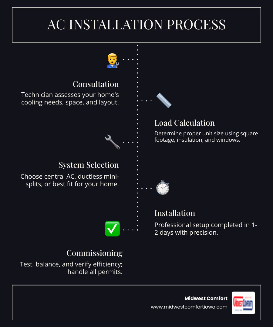 Step-by-step AC installation process infographic for Granger IA homeowners in Dallas County - ac installation in granger ia