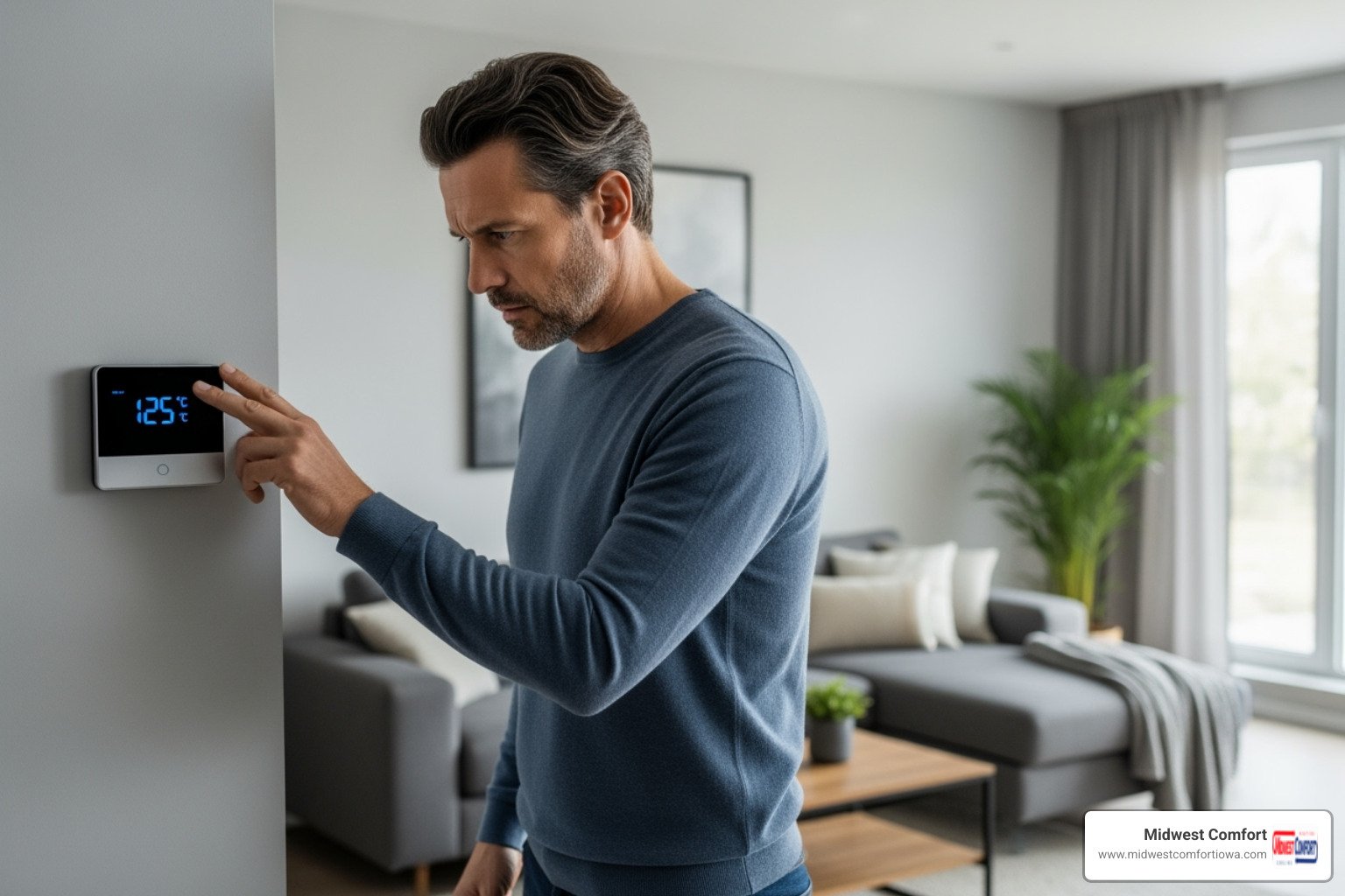 Image of a homeowner looking concerned at a thermostat. - ac installation waukee ia