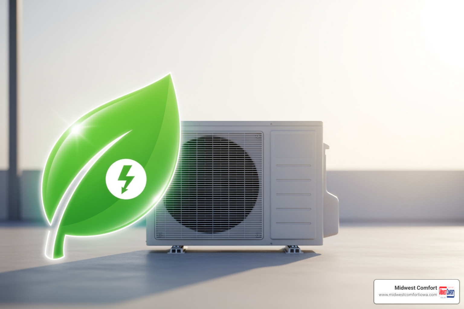 Image of an energy-saving icon next to a modern AC unit. - ac installation waukee ia