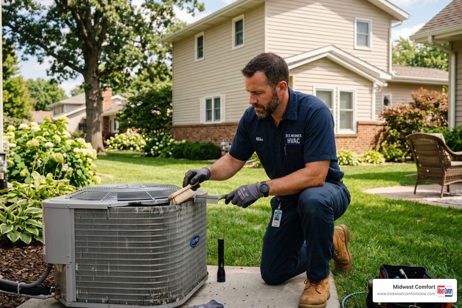 HVAC technician in Des Moines inspecting outdoor condenser coils - ac tune up guide for iowa homeowners HVAC technician in Des Moines inspecting outdoor condenser coils - ac tune up guide for iowa homeowners