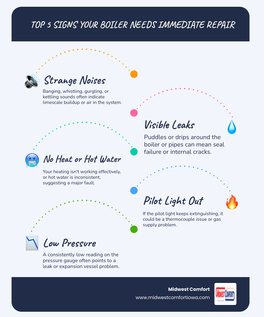 infographic showing the top 5 signs a boiler needs immediate repair: unusual noises like banging or whistling, visible water leaks around the unit, sudden loss of heat or hot water, pilot light repeatedly going out, and pressure gauge reading below normal levels - affordable boiler repair in adel, ia infographic infographic-line-5-steps-blues-accent_colors infographic showing the top 5 signs a boiler needs immediate repair: unusual noises like banging or whistling, visible water leaks around the unit, sudden loss of heat or hot water, pilot light repeatedly going out, and pressure gauge reading below normal levels - affordable boiler repair in adel, ia infographic infographic-line-5-steps-blues-accent_colors