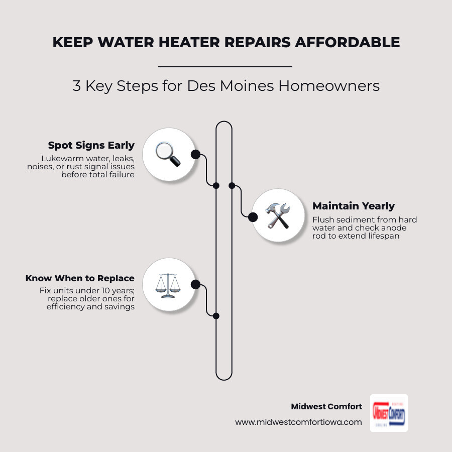 Infographic showing key tips for affordable water heater repair in Des Moines IA - affordable water heater repair in des
