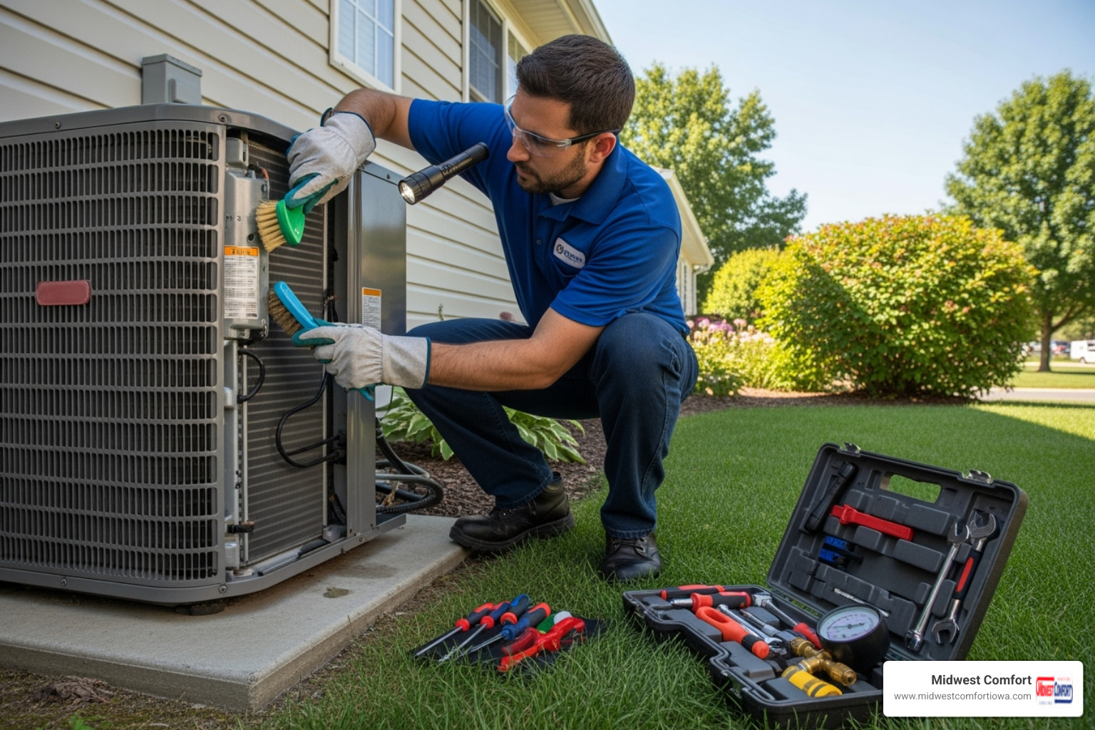 A technician wearing gloves and safety glasses carefully cleaning and inspecting the outdoor unit of an air conditioner during routine maintenance - after hours service altoona A technician wearing gloves and safety glasses carefully cleaning and inspecting the outdoor unit of an air conditioner during routine maintenance - after hours service altoona