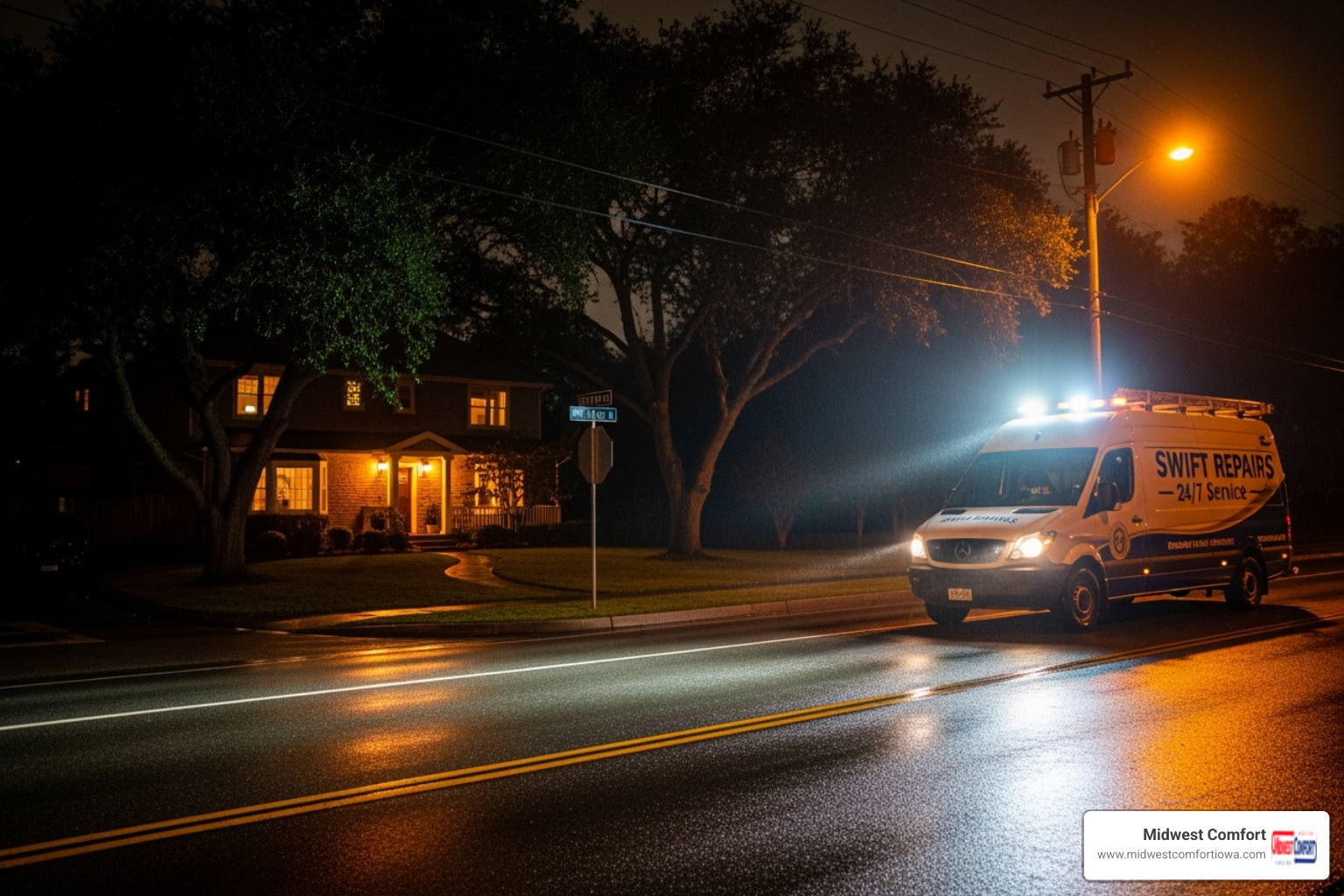 A service van with a bright spotlight driving down a street at night, with a house in the background - after hours service altoona A service van with a bright spotlight driving down a street at night, with a house in the background - after hours service altoona
