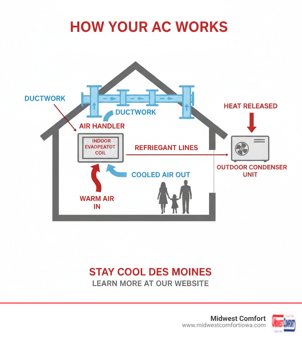 Infographic showing the basic air conditioning cooling cycle with labeled components: outdoor condenser unit, refrigerant lines, indoor evaporator coil, air handler, and ductwork, illustrating how warm air is drawn in, cooled, and circulated throughout the home - air conditioner troubleshooting des moines infographic Infographic showing the basic air conditioning cooling cycle with labeled components: outdoor condenser unit, refrigerant lines, indoor evaporator coil, air handler, and ductwork, illustrating how warm air is drawn in, cooled, and circulated throughout the home - air conditioner troubleshooting des moines infographic