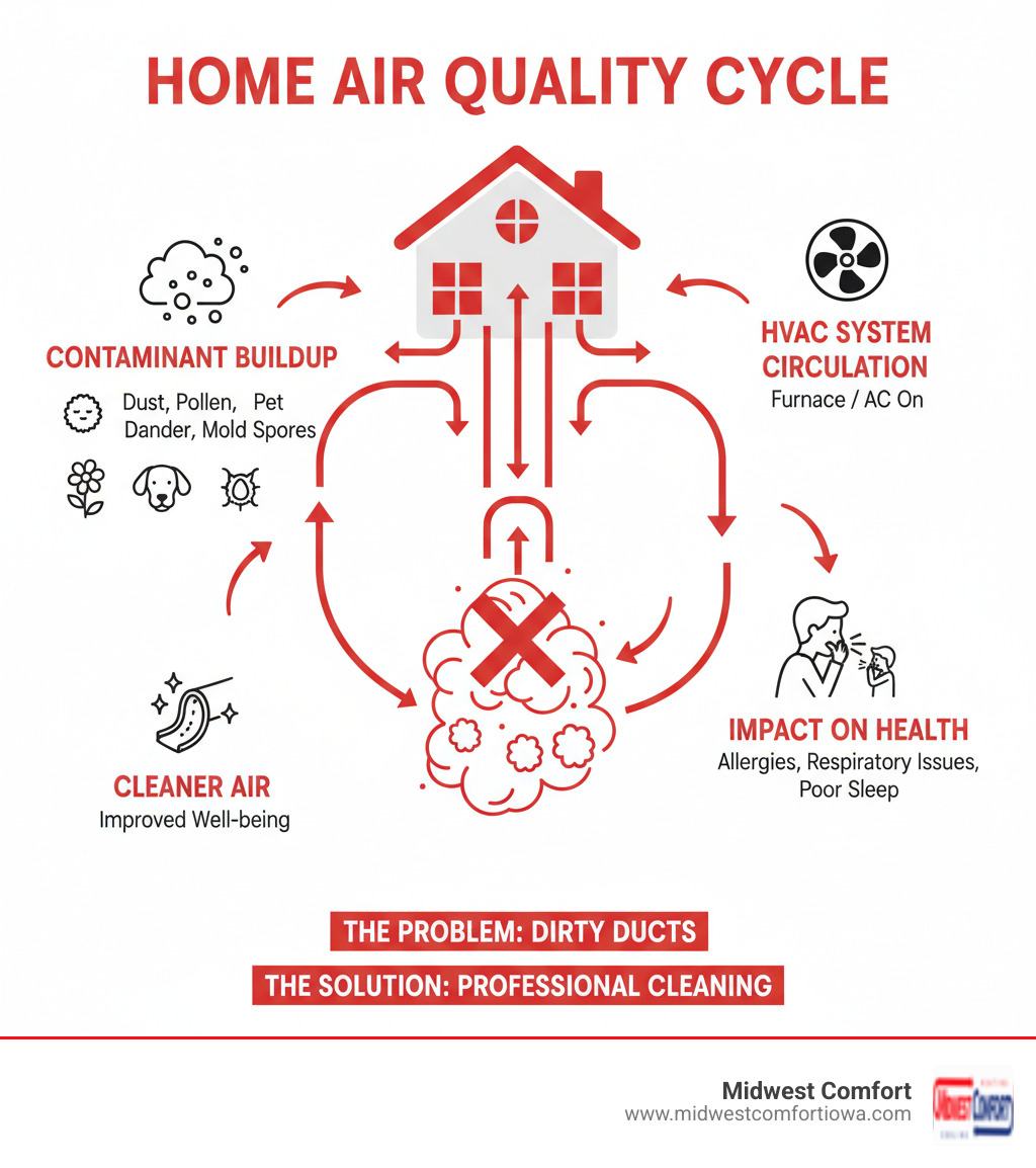 Infographic showing how dust, allergens, pet dander, pollen, and other contaminants accumulate in home ductwork and circulate through the HVAC system, impacting indoor air quality and family health - air duct cleaning des moines infographic Infographic showing how dust, allergens, pet dander, pollen, and other contaminants accumulate in home ductwork and circulate through the HVAC system, impacting indoor air quality and family health - air duct cleaning des moines infographic