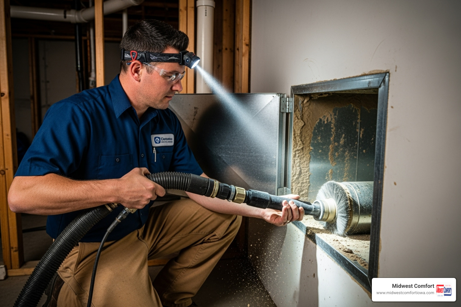 Technician using specialized hose and brush system inside a duct - air duct cleaning des moines Technician using specialized hose and brush system inside a duct - air duct cleaning des moines