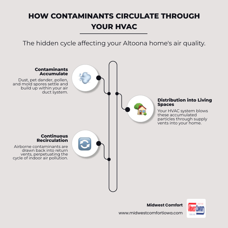Infographic showing how dust, allergens, and contaminants circulate through an HVAC system from dirty ductwork into living spaces, then get pulled back through return vents in a continuous cycle, with arrows indicating airflow and callouts for common contaminants like dust mites, pet dander, pollen, and mold spores - air duct maintenance altoona infographic infographic-line-3-steps-elegant_beige Infographic showing how dust, allergens, and contaminants circulate through an HVAC system from dirty ductwork into living spaces, then get pulled back through return vents in a continuous cycle, with arrows indicating airflow and callouts for common contaminants like dust mites, pet dander, pollen, and mold spores - air duct maintenance altoona infographic infographic-line-3-steps-elegant_beige
