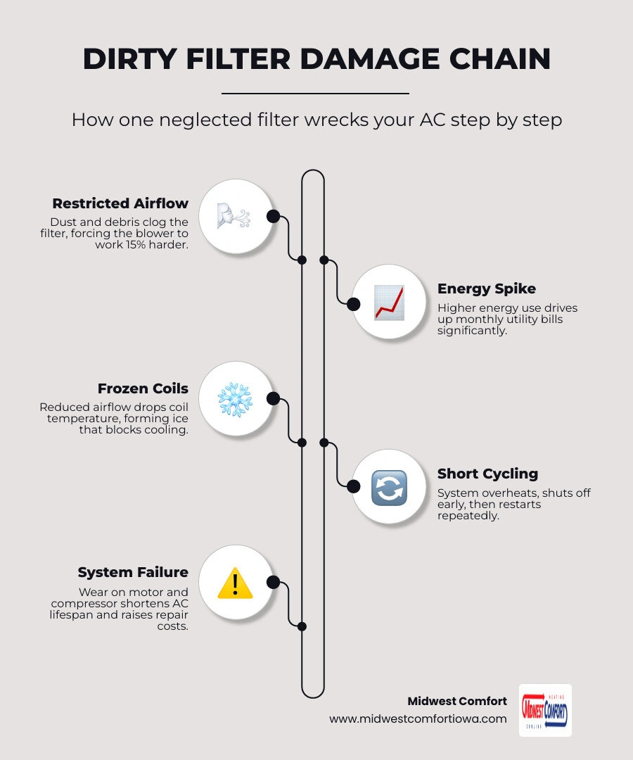 Infographic showing how a dirty air filter restricts airflow and triggers AC problems like frozen coils and energy waste Infographic showing how a dirty air filter restricts airflow and triggers AC problems like frozen coils and energy waste