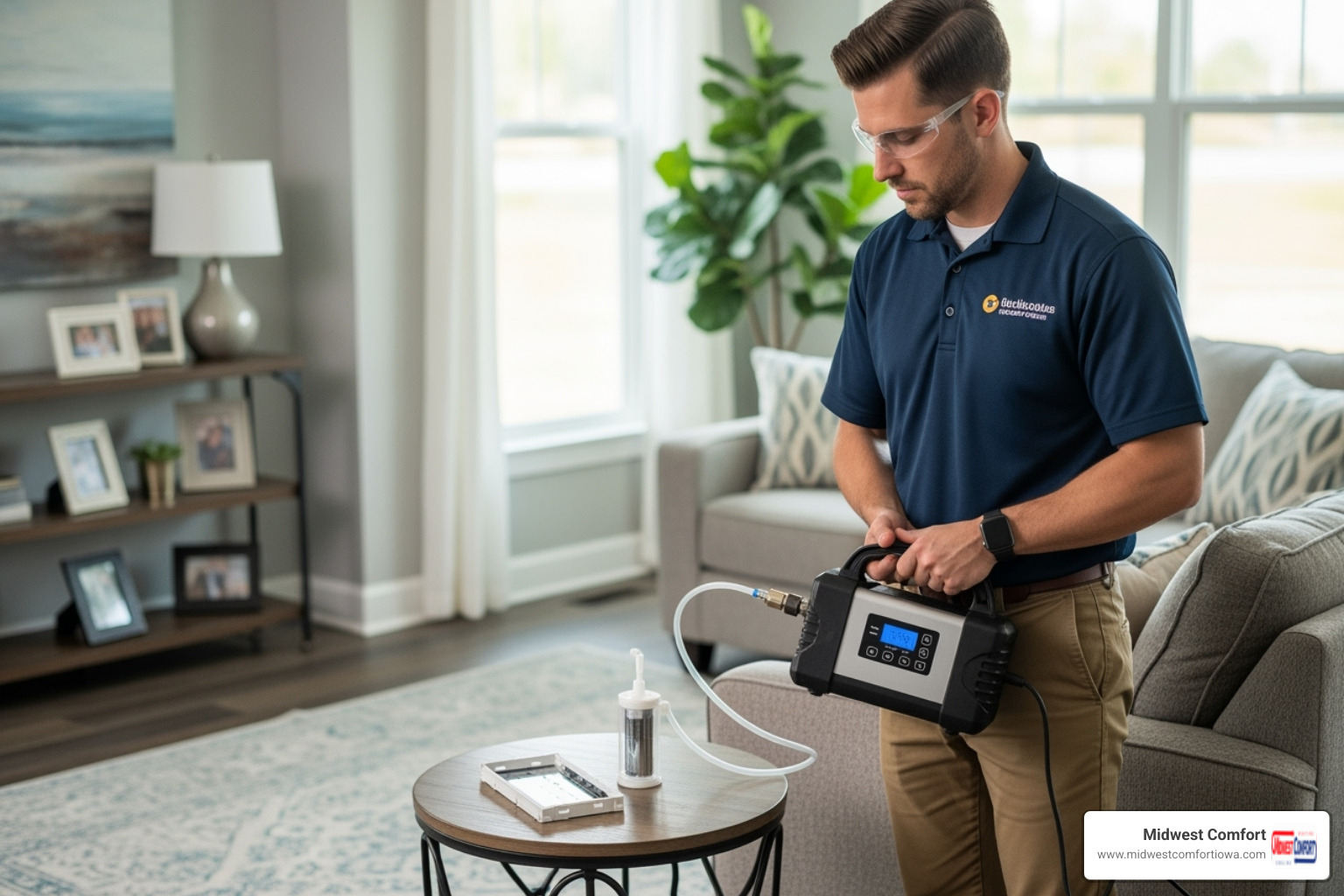technician using an air sampling device in a home - air quality testing johnston technician using an air sampling device in a home - air quality testing johnston