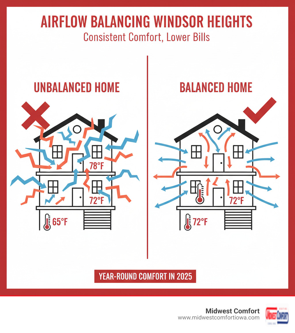 Infographic showing a split comparison of two homes: left side shows an unbalanced home with temperature readings varying from 65°F in basement to 78°F upstairs with wavy inconsistent airflow arrows; right side shows a balanced home with consistent 72°F readings throughout all floors with smooth even airflow arrows - airflow balancing windsor heights infographic Infographic showing a split comparison of two homes: left side shows an unbalanced home with temperature readings varying from 65°F in basement to 78°F upstairs with wavy inconsistent airflow arrows; right side shows a balanced home with consistent 72°F readings throughout all floors with smooth even airflow arrows - airflow balancing windsor heights infographic