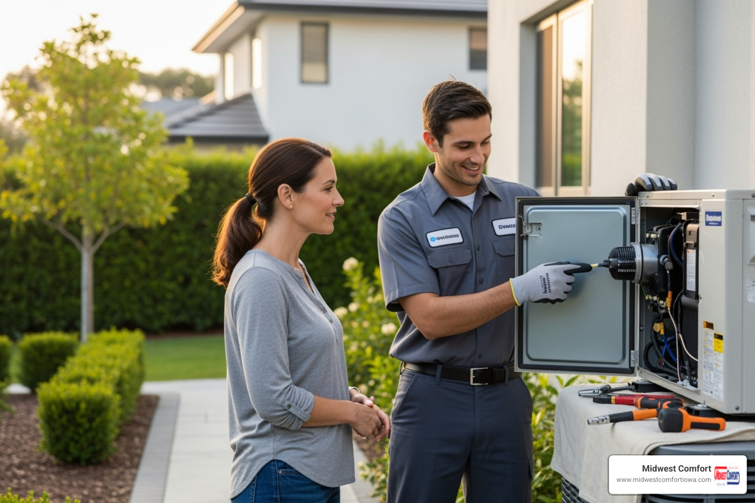 friendly technician explaining a repair to a homeowner - 24 hour ac repair ankeny