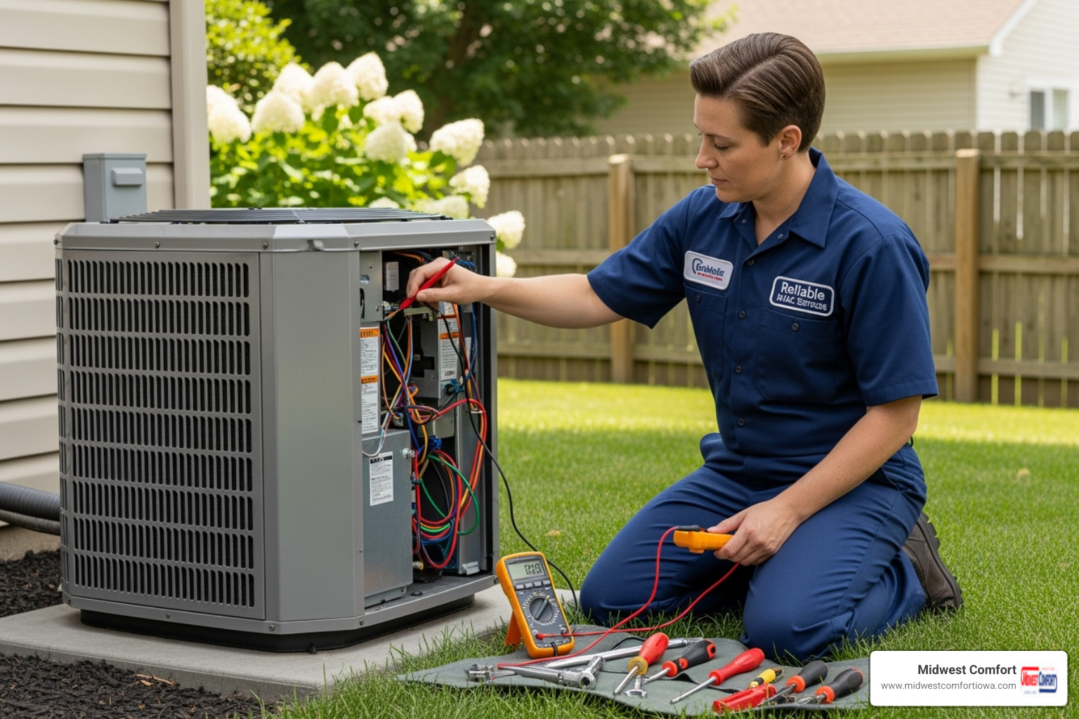 a clean, professional HVAC technician working on an outdoor AC unit - best ac company des moines