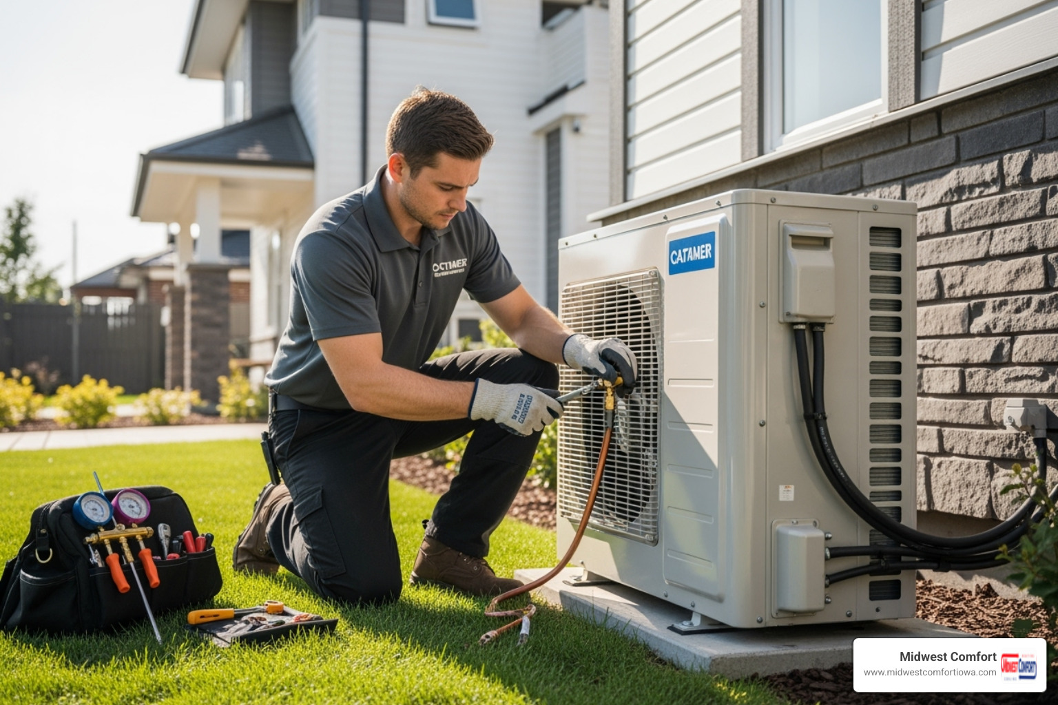 certified technician professionally installing an outdoor heat pump unit - heat pump installation des moines certified technician professionally installing an outdoor heat pump unit - heat pump installation des moines