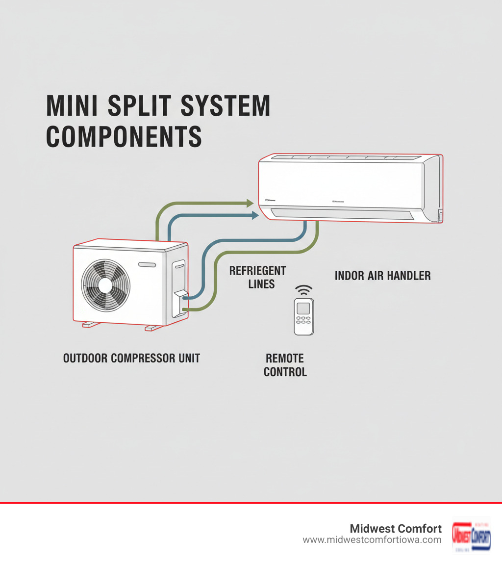 infographic showing mini split system components including outdoor compressor unit connected via refrigerant lines to wall mounted indoor air handler with remote control - mini split near me des moines infographic infographic showing mini split system components including outdoor compressor unit connected via refrigerant lines to wall mounted indoor air handler with remote control - mini split near me des moines infographic