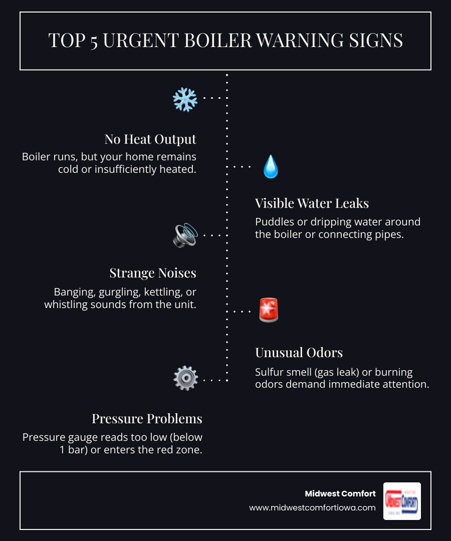 Infographic showing the top 5 urgent boiler warning signs: 1) No heat production with system running, 2) Water leaking from boiler or pipes with visible pooling, 3) Loud banging or kettling noises indicating limescale buildup, 4) Sulfur or gas smell requiring immediate evacuation, 5) Pressure gauge in red zone or below 1 bar - boiler repair in ankeny ia infographic infographic-line-5-steps-dark Infographic showing the top 5 urgent boiler warning signs: 1) No heat production with system running, 2) Water leaking from boiler or pipes with visible pooling, 3) Loud banging or kettling noises indicating limescale buildup, 4) Sulfur or gas smell requiring immediate evacuation, 5) Pressure gauge in red zone or below 1 bar - boiler repair in ankeny ia infographic infographic-line-5-steps-dark