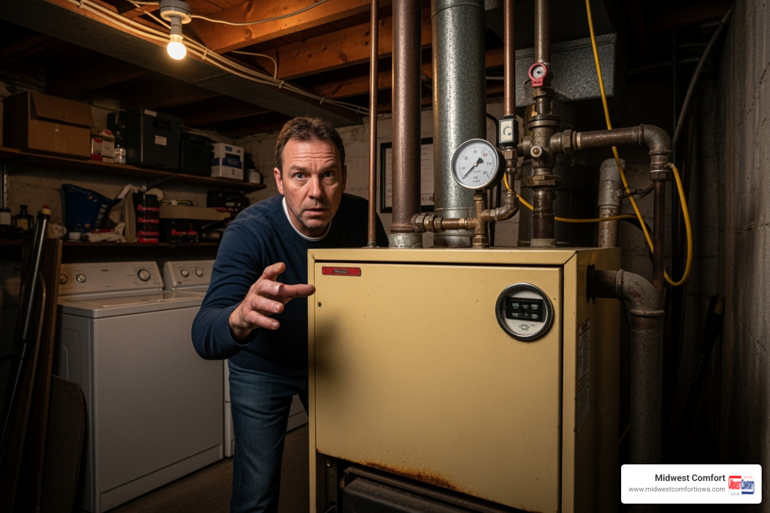 homeowner looking at a boiler with a concerned expression - boiler repair des moines homeowner looking at a boiler with a concerned expression - boiler repair des moines