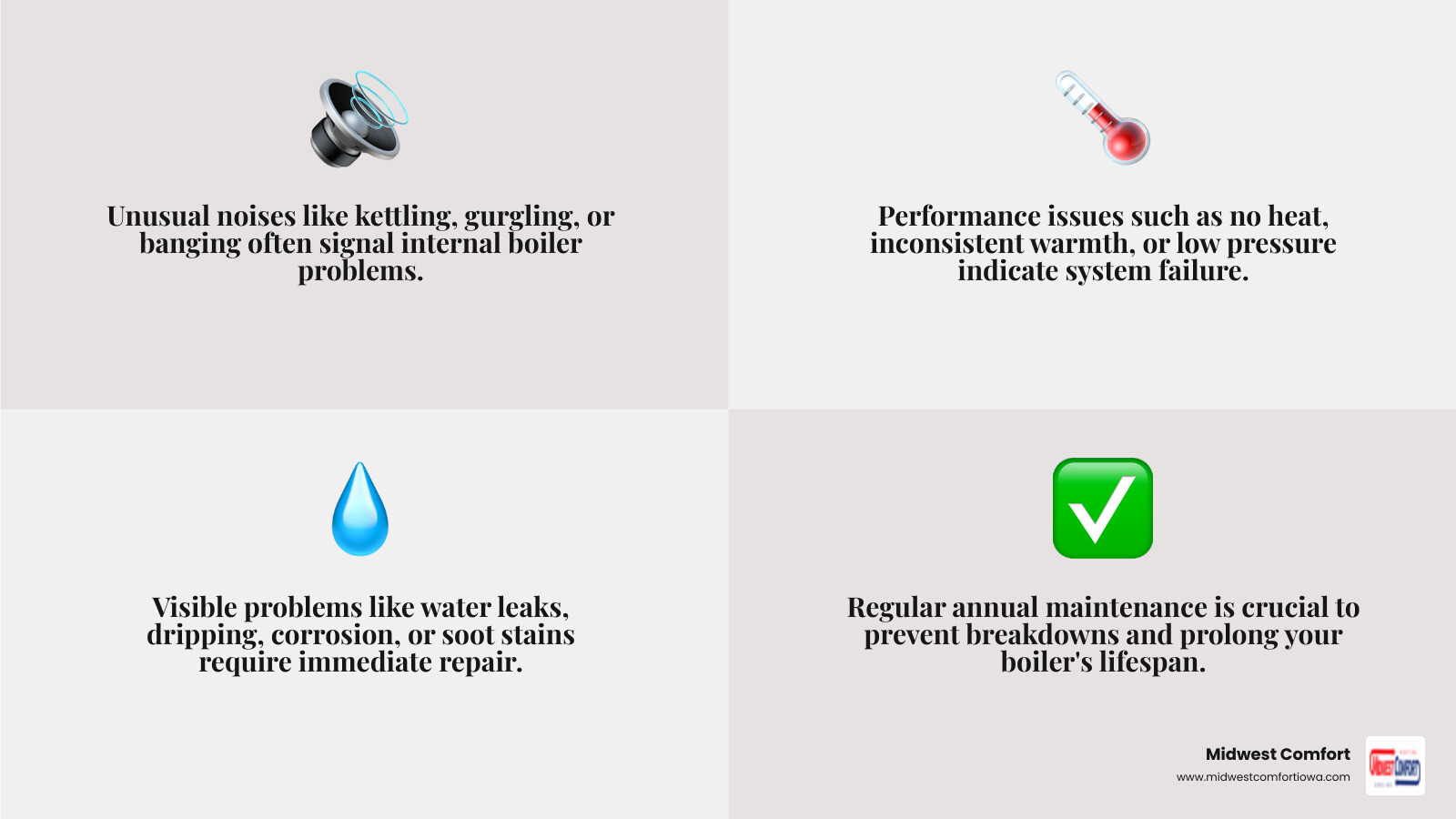 Infographic showing common boiler problems in Des Moines homes including strange noises like kettling and banging, visible issues like water leaks and corrosion, performance problems like no heat or inconsistent heating, and maintenance recommendations for annual service to prevent breakdowns - boiler repair des moines infographic 4_facts_emoji_grey Infographic showing common boiler problems in Des Moines homes including strange noises like kettling and banging, visible issues like water leaks and corrosion, performance problems like no heat or inconsistent heating, and maintenance recommendations for annual service to prevent breakdowns - boiler repair des moines infographic 4_facts_emoji_grey