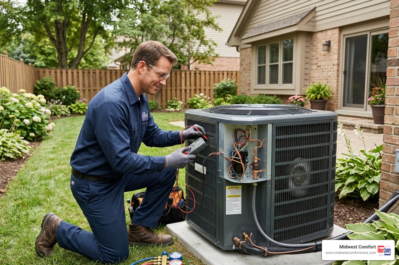 A technician inspecting a high-efficiency outdoor HVAC unit in a clean residential backyard - central ac vs ductless mini A technician inspecting a high-efficiency outdoor HVAC unit in a clean residential backyard - central ac vs ductless mini