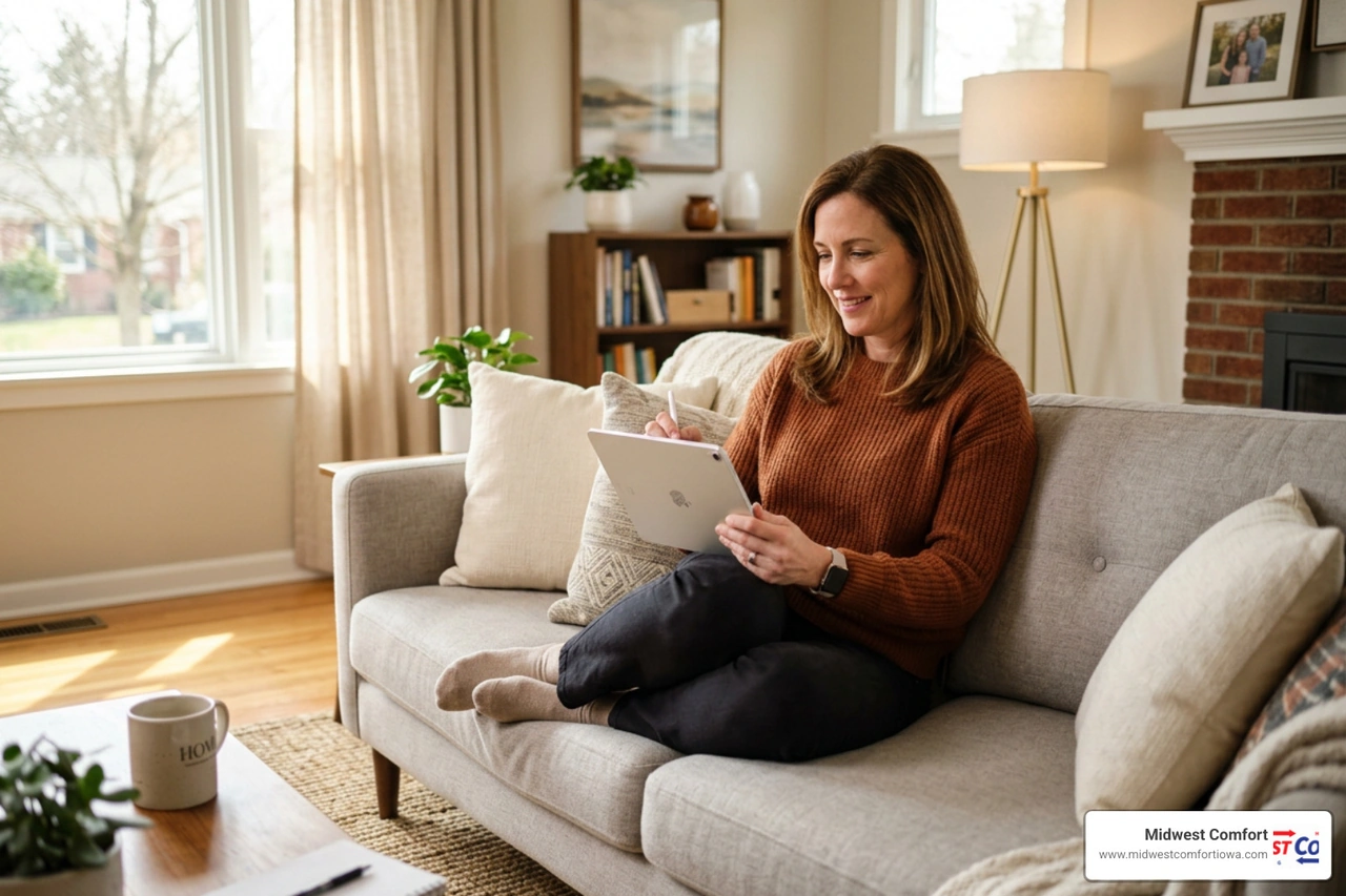 A homeowner reviewing flexible HVAC financing options on a tablet at home A homeowner reviewing flexible HVAC financing options on a tablet at home