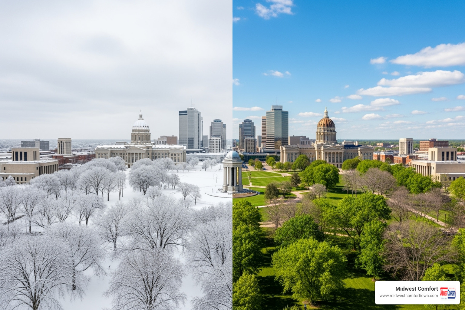 A split-screen image showing a snowy Des Moines winter scene on one side and a sunny Des Moines summer scene on the other - commercial hvac repair des moines A split-screen image showing a snowy Des Moines winter scene on one side and a sunny Des Moines summer scene on the other - commercial hvac repair des moines