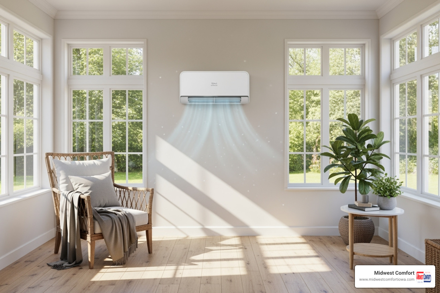ductless unit installed neatly in a sunroom - ductless ac ankeny ia