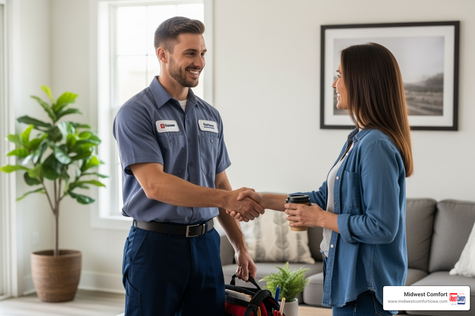friendly HVAC technician shaking hands with a satisfied homeowner - ductless replacement waukee