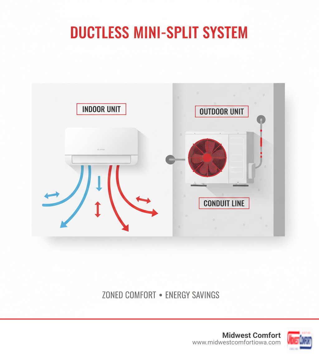 Infographic showing ductless mini-split system components: outdoor compressor/condenser unit on exterior wall, thin conduit line running through small wall opening, and sleek indoor air handler mounted on interior wall with directional airflow arrows indicating heating and cooling distribution throughout the room - ductless system johnston infographic Infographic showing ductless mini-split system components: outdoor compressor/condenser unit on exterior wall, thin conduit line running through small wall opening, and sleek indoor air handler mounted on interior wall with directional airflow arrows indicating heating and cooling distribution throughout the room - ductless system johnston infographic