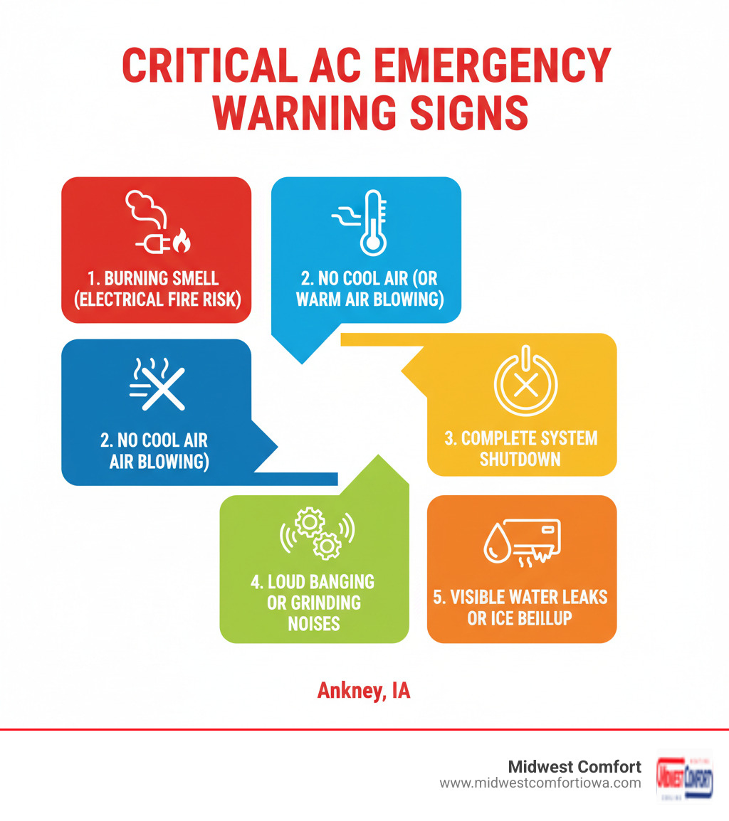 infographic showing five critical AC emergency warning signs: burning smell indicating electrical fire risk, no cool air or warm air blowing, complete system shutdown, loud banging or grinding noises, and visible water leaks or ice buildup on unit - emergency ac repair ankeny ia infographic infographic showing five critical AC emergency warning signs: burning smell indicating electrical fire risk, no cool air or warm air blowing, complete system shutdown, loud banging or grinding noises, and visible water leaks or ice buildup on unit - emergency ac repair ankeny ia infographic