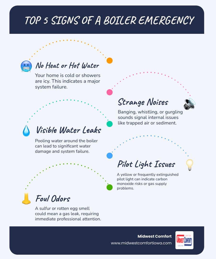 Infographic showing the top 5 signs of a boiler emergency: no heat or hot water, strange banging or whistling noises, visible water leaks, yellow or extinguished pilot light, and foul odors or gas smell - emergency boiler repair in ankeny, ia infographic infographic-line-5-steps-blues-accent_colors Infographic showing the top 5 signs of a boiler emergency: no heat or hot water, strange banging or whistling noises, visible water leaks, yellow or extinguished pilot light, and foul odors or gas smell - emergency boiler repair in ankeny, ia infographic infographic-line-5-steps-blues-accent_colors