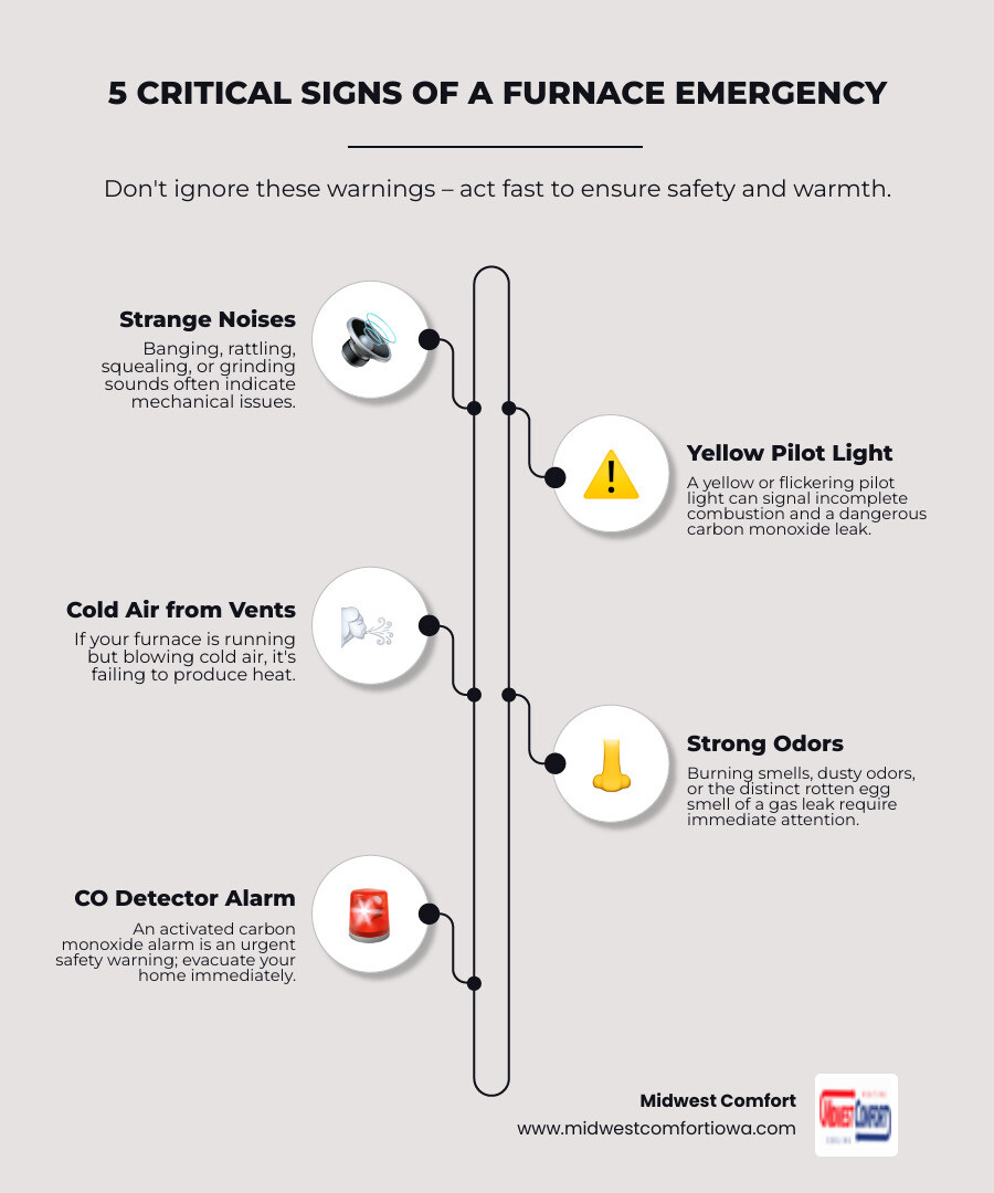 Infographic showing 5 critical signs of a furnace emergency: unusual banging or grinding noises, yellow or flickering pilot light, cold air blowing from vents, strong burning or gas odor, and carbon monoxide detector alarm sounding - emergency furnace repair in waukee, ia infographic infographic-line-5-steps-elegant_beige Infographic showing 5 critical signs of a furnace emergency: unusual banging or grinding noises, yellow or flickering pilot light, cold air blowing from vents, strong burning or gas odor, and carbon monoxide detector alarm sounding - emergency furnace repair in waukee, ia infographic infographic-line-5-steps-elegant_beige