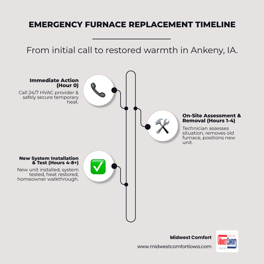 Infographic showing emergency furnace replacement timeline: Hour 0 - Call 24/7 provider and secure temporary heat, Hours 1-2 - Technician arrives and assesses situation, Hours 2-4 - Old furnace removed and new unit positioned, Hours 4-8 - Installation completed and system tested, Hour 8+ - Heat restored and homeowner walkthrough completed - emergency furnace replacement in ankeny, ia infographic infographic-line-3-steps-elegant_beige Infographic showing emergency furnace replacement timeline: Hour 0 - Call 24/7 provider and secure temporary heat, Hours 1-2 - Technician arrives and assesses situation, Hours 2-4 - Old furnace removed and new unit positioned, Hours 4-8 - Installation completed and system tested, Hour 8+ - Heat restored and homeowner walkthrough completed - emergency furnace replacement in ankeny, ia infographic infographic-line-3-steps-elegant_beige