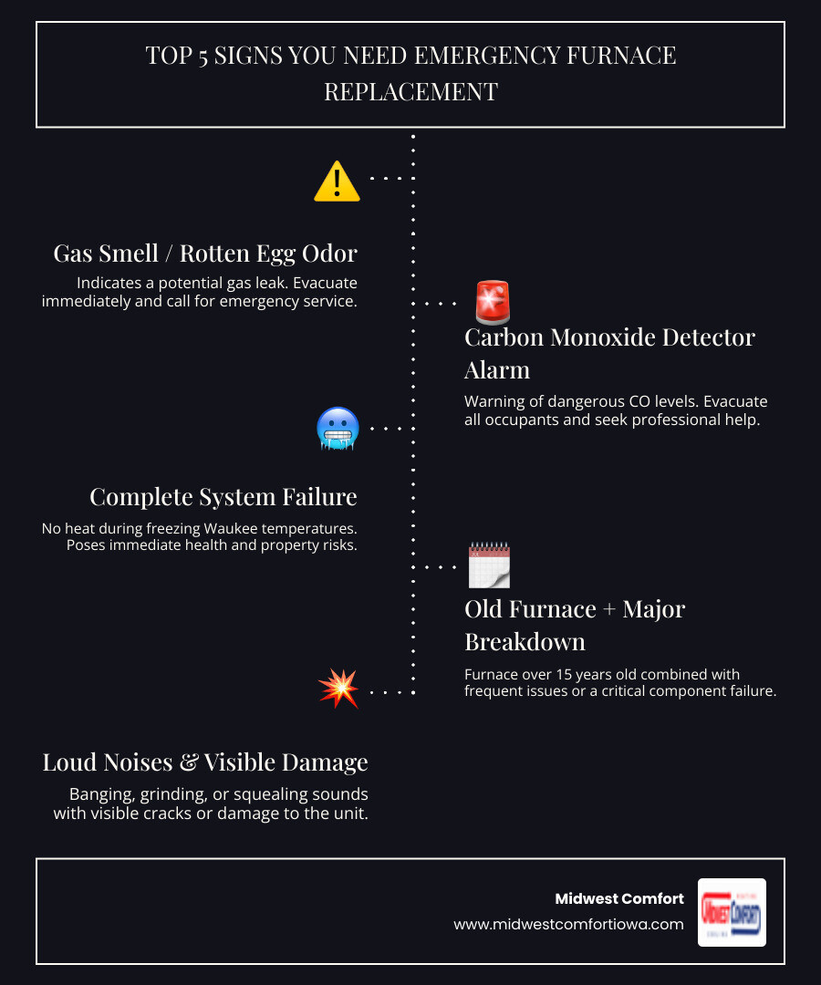 Infographic showing the top 5 signs you need emergency furnace replacement: 1. Gas smell or rotten egg odor requiring immediate evacuation, 2. Carbon monoxide detector alarm sounding, 3. Complete system failure with no heat during freezing temperatures, 4. Furnace age over 15 years combined with major breakdown, 5. Loud banging or grinding noises with visible cracks or damage - emergency furnace replacement in waukee, ia infographic infographic-line-5-steps-dark Infographic showing the top 5 signs you need emergency furnace replacement: 1. Gas smell or rotten egg odor requiring immediate evacuation, 2. Carbon monoxide detector alarm sounding, 3. Complete system failure with no heat during freezing temperatures, 4. Furnace age over 15 years combined with major breakdown, 5. Loud banging or grinding noises with visible cracks or damage - emergency furnace replacement in waukee, ia infographic infographic-line-5-steps-dark