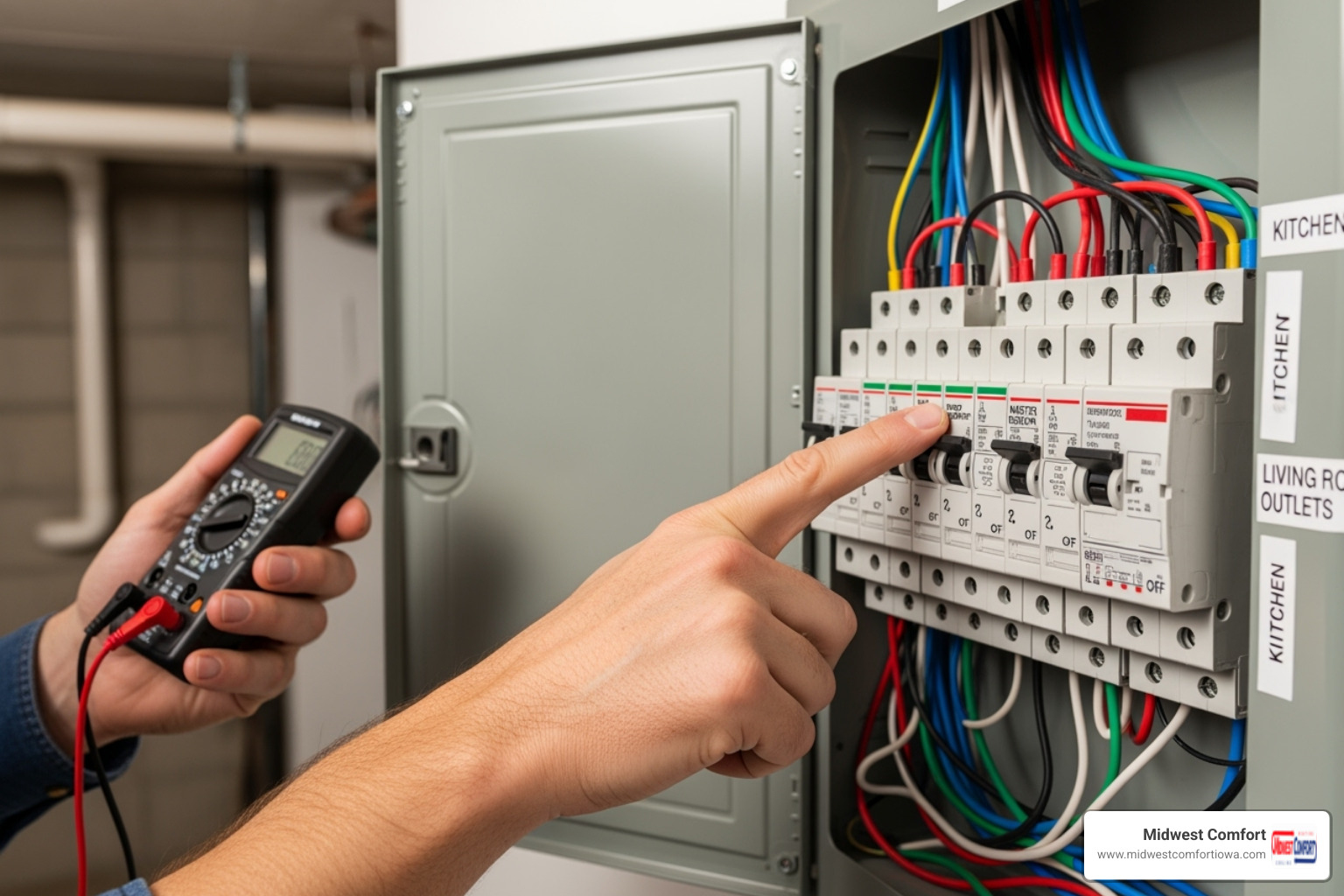 A close-up image of a homeowner's hands checking circuit breakers in an electrical panel - emergency furnace service johnston