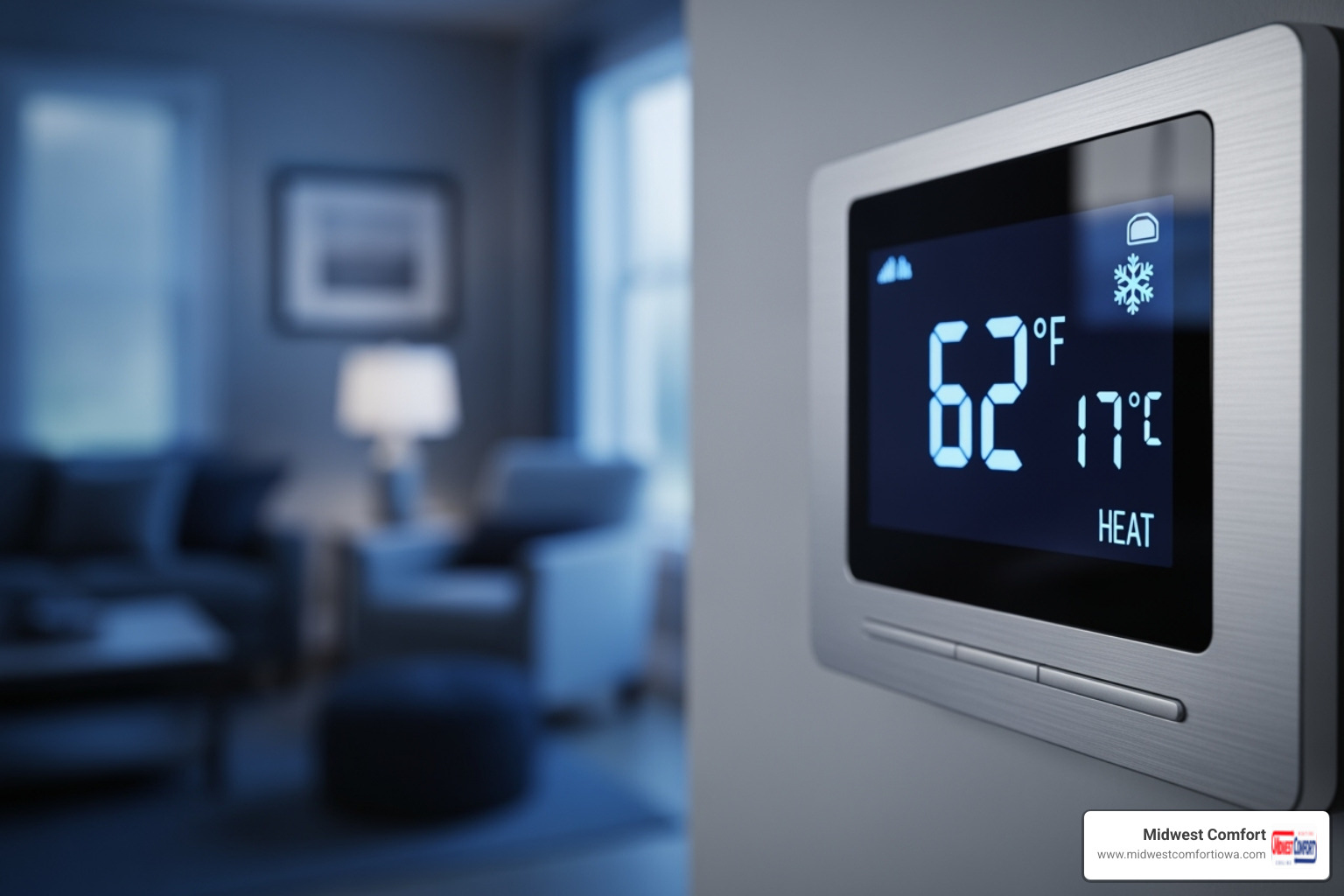 A home thermostat displaying a low temperature, with a blurred image of a cold living room in the background - emergency furnace service johnston
