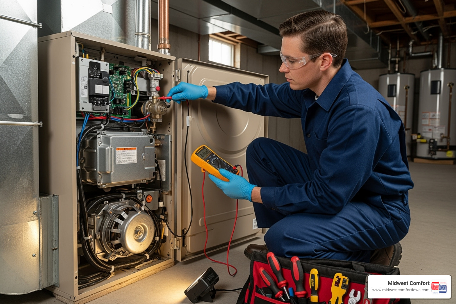 A technician wearing gloves and holding tools, performing maintenance on an open furnace unit - emergency furnace service johnston