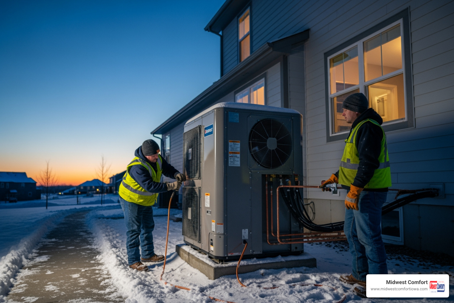 modern, efficient heat pump unit outside a Waukee, IA home in winter - emergency heat pump installation in waukee, ia modern, efficient heat pump unit outside a Waukee, IA home in winter - emergency heat pump installation in waukee, ia