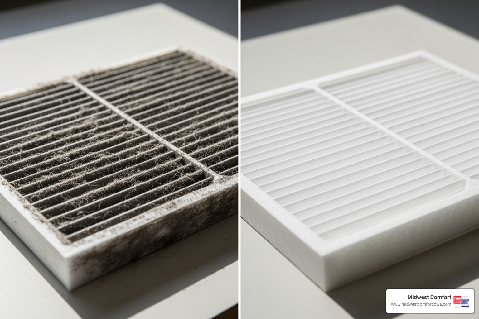 Dirty HVAC air filter next to a clean one - emergency hvac repair des moines Dirty HVAC air filter next to a clean one - emergency hvac repair des moines
