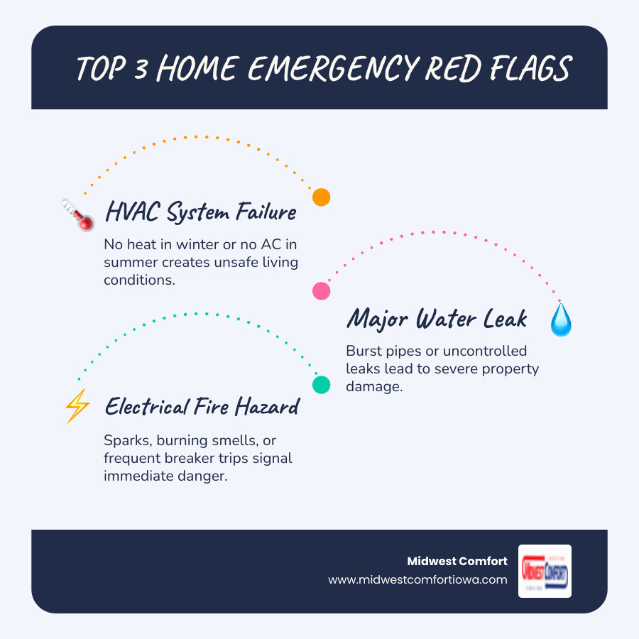 Infographic showing three critical emergency signs: a furnace with no heat and temperature below 32°F, an AC unit blowing warm air when it's above 90°F outside, and a water heater leaking with visible puddles, each with a red alert icon and "Call Immediately" instruction - emergency repair near me des moines infographic infographic-line-3-steps-blues-accent_colors Infographic showing three critical emergency signs: a furnace with no heat and temperature below 32°F, an AC unit blowing warm air when it's above 90°F outside, and a water heater leaking with visible puddles, each with a red alert icon and "Call Immediately" instruction - emergency repair near me des moines infographic infographic-line-3-steps-blues-accent_colors