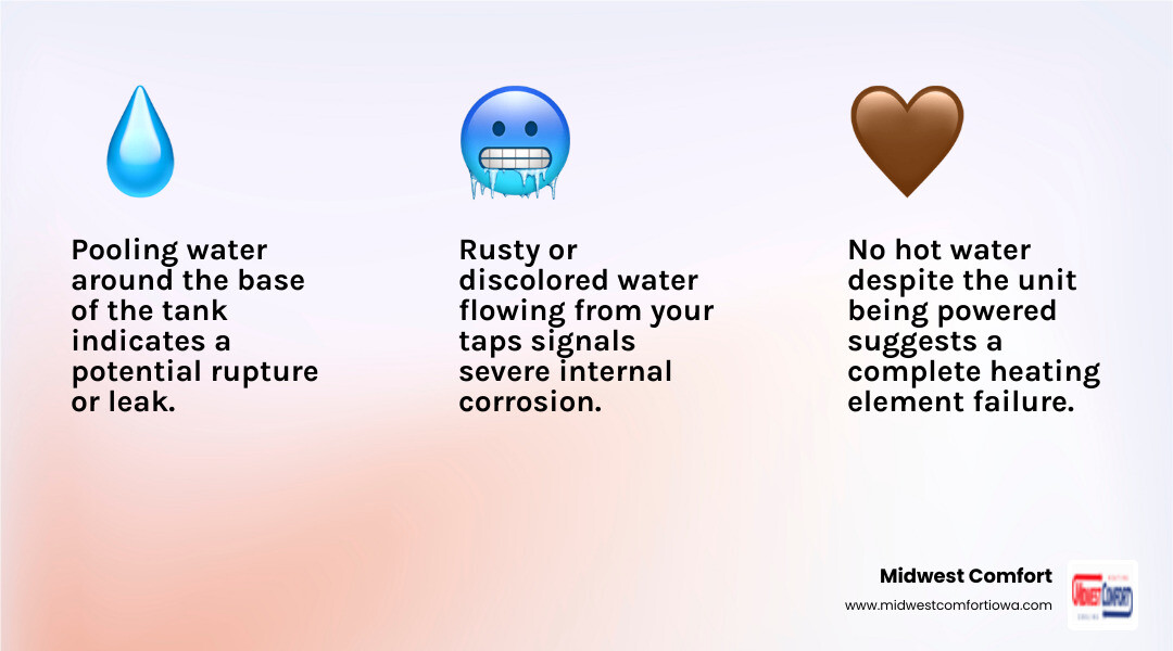 Infographic showing three warning signs of imminent water heater failure: pooling water around the base indicating tank rupture, no hot water despite power being on suggesting complete heating element failure, and rusty or discolored water pointing to internal corrosion - emergency water heater installation in ankeny, ia infographic 3_facts_light-gradient Infographic showing three warning signs of imminent water heater failure: pooling water around the base indicating tank rupture, no hot water despite power being on suggesting complete heating element failure, and rusty or discolored water pointing to internal corrosion - emergency water heater installation in ankeny, ia infographic 3_facts_light-gradient