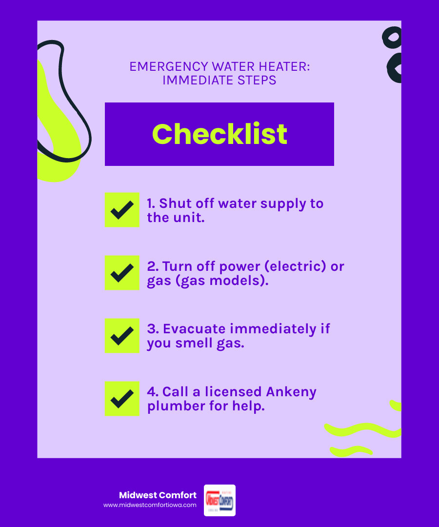 infographic showing emergency water heater response steps including water shut-off valve location, power shut-off procedures for electric and gas models, signs of gas leaks requiring immediate evacuation, and when to call a professional plumber in Ankeny - emergency water heater repair in ankeny, ia infographic checklist-fun-neon