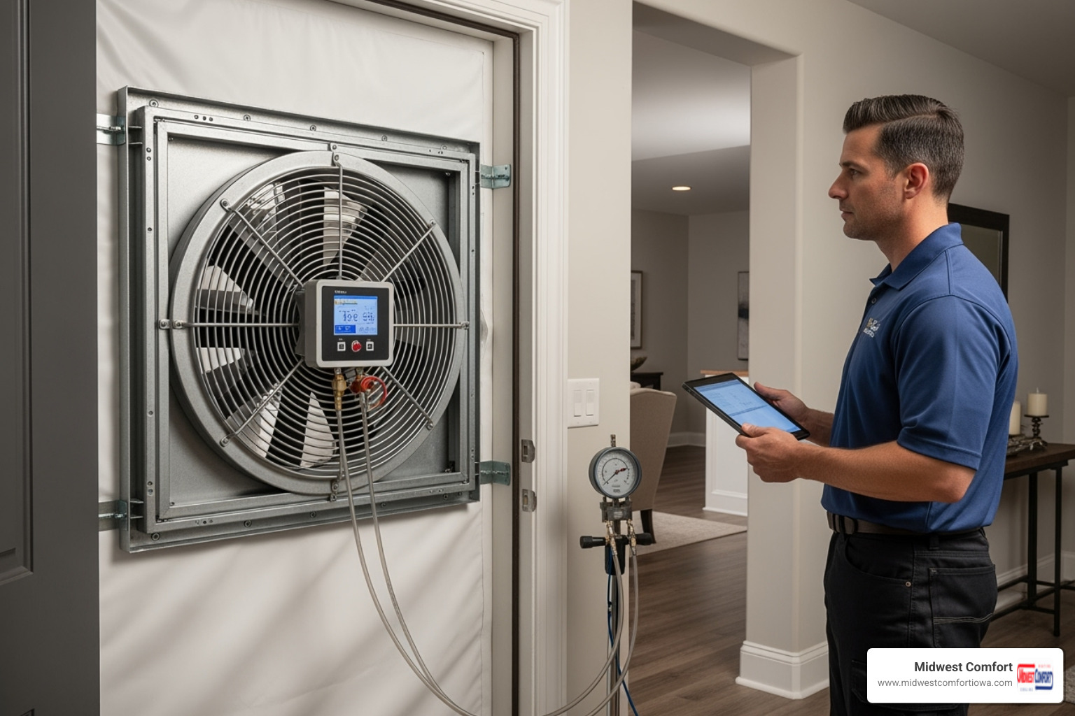 blower door test being performed in a home's doorway - energy audit near me des moines